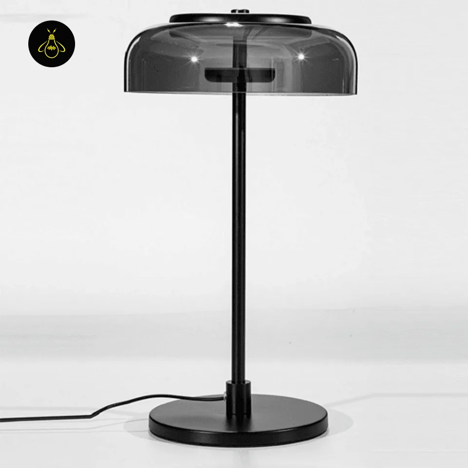 Smoked Glass Table Lamp – Black Dome with Steel Base 6 Glass table lamp with a smooth smoked dome shade for living room styling