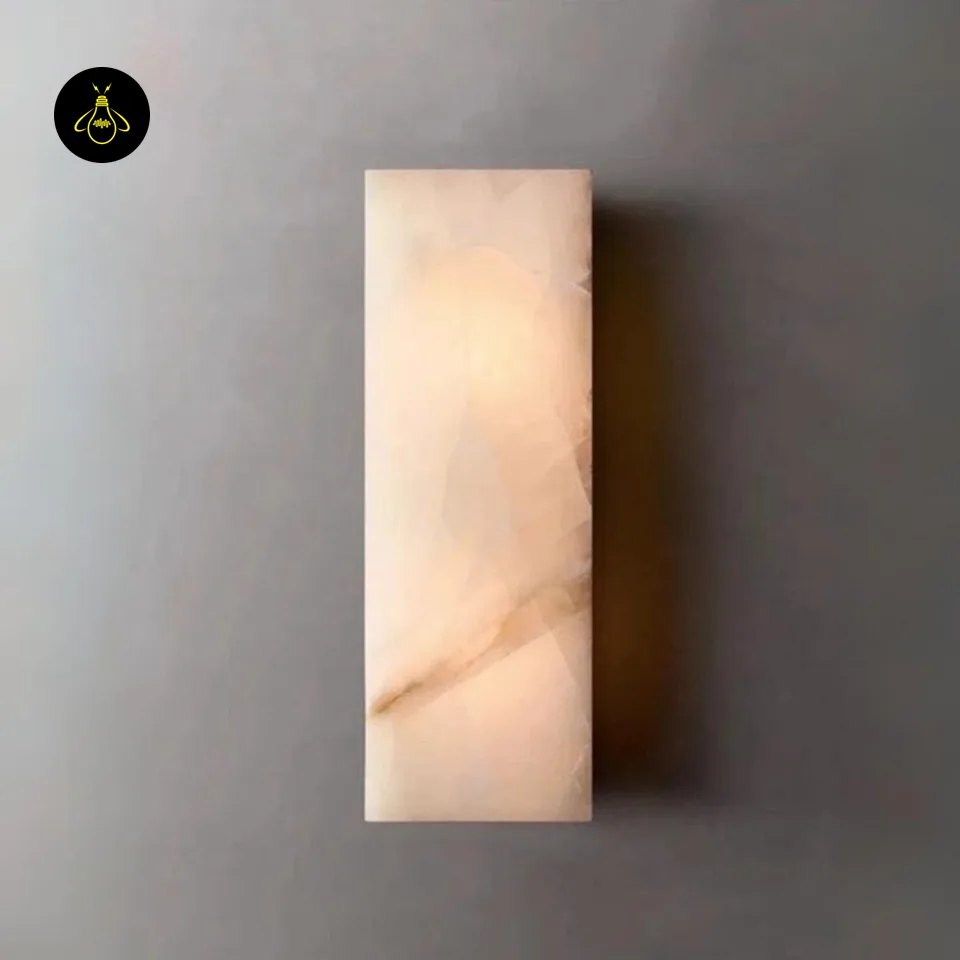 Alabaster Outdoor Wall Light – 65 cm IP65 Stone Sconce 2 Alabaster outdoor wall light glowing with warm 3000K LED through the stone on a grey wall