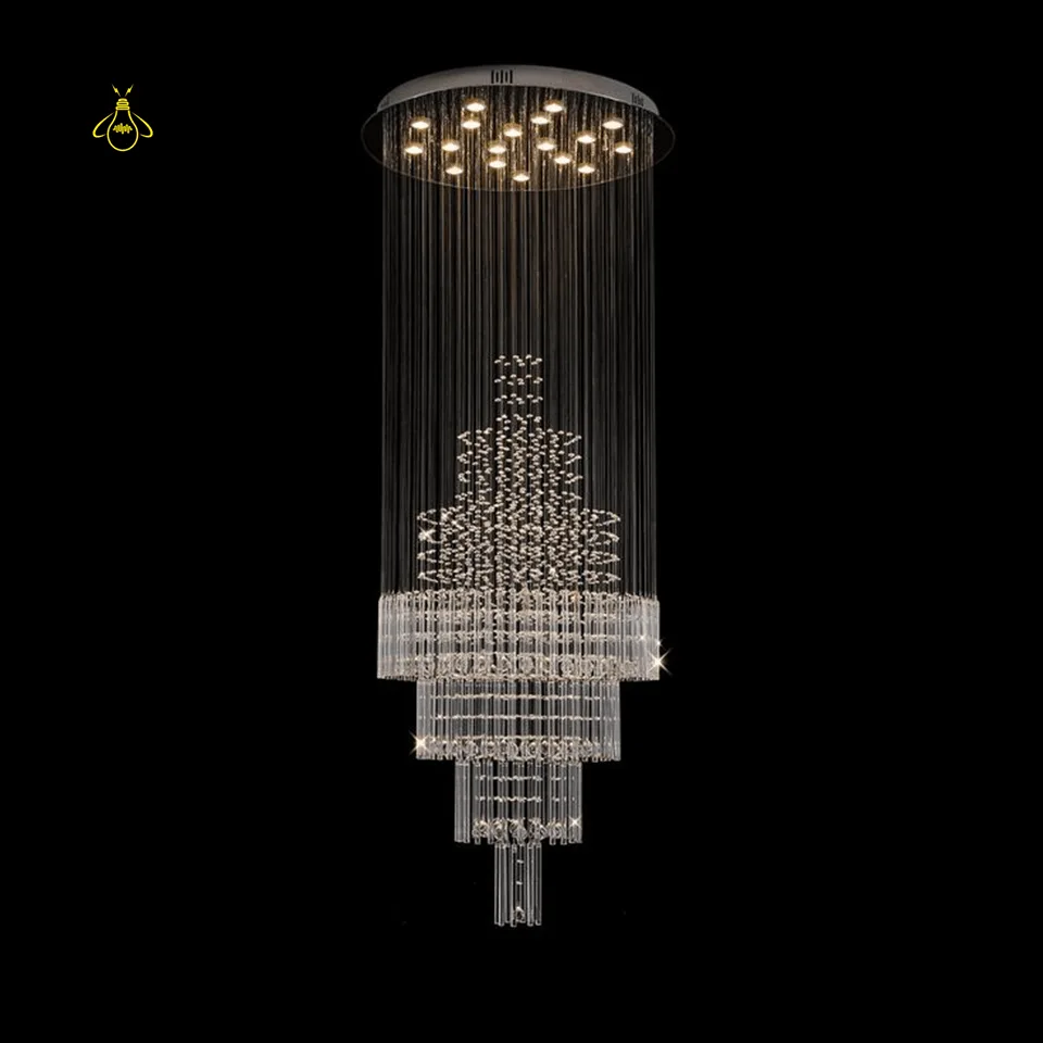 Raindrop Crystal Chandelier – Multi-Tier K9 Cascade for Staircase & Foyer 1 Raindrop crystal chandelier with multi-tier K9 cascade on a stainless-steel canopy for a staircase