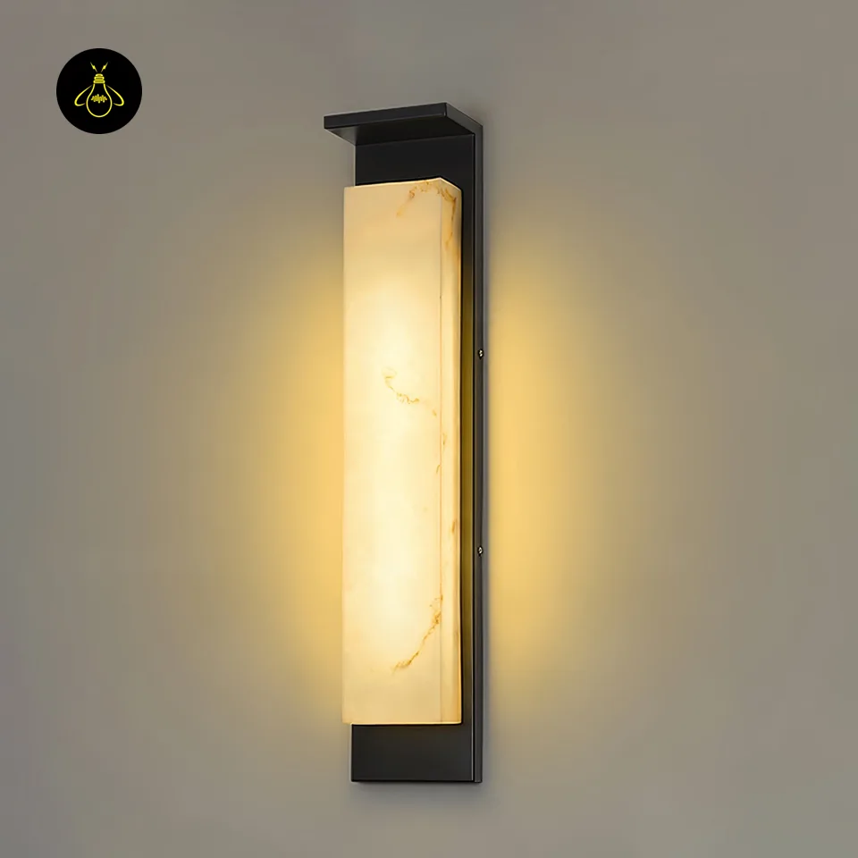 Weatherproof IP65 Outdoor Wall Light – Black Alabaster Sconce, 94 cm 2 Pair of black alabaster outdoor wall lights with warm glow on a villa entrance wall