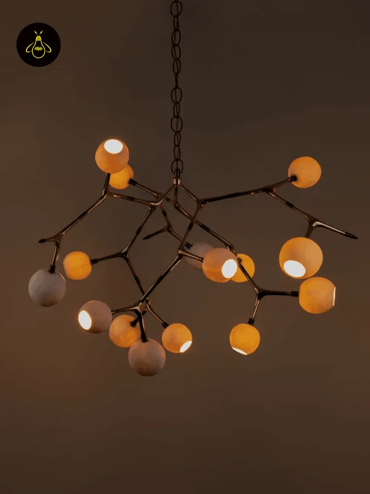 Cluster chandelier with 15 glowing opal glass globes on a polished bronze branch frame