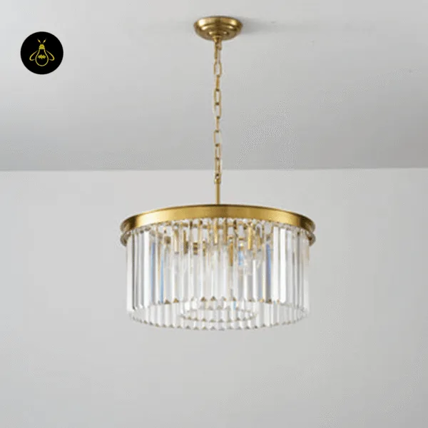 Round two-tier crystal chandelier in satin gold with stepped crystal prisms