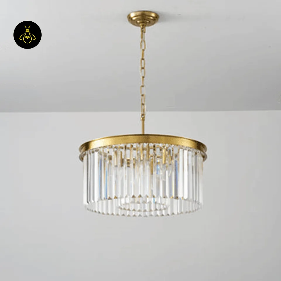Rectangular Crystal Chandelier – Satin Gold 2-Tier Eternal Shine 16 Round two-tier crystal chandelier in satin gold with stepped crystal prisms