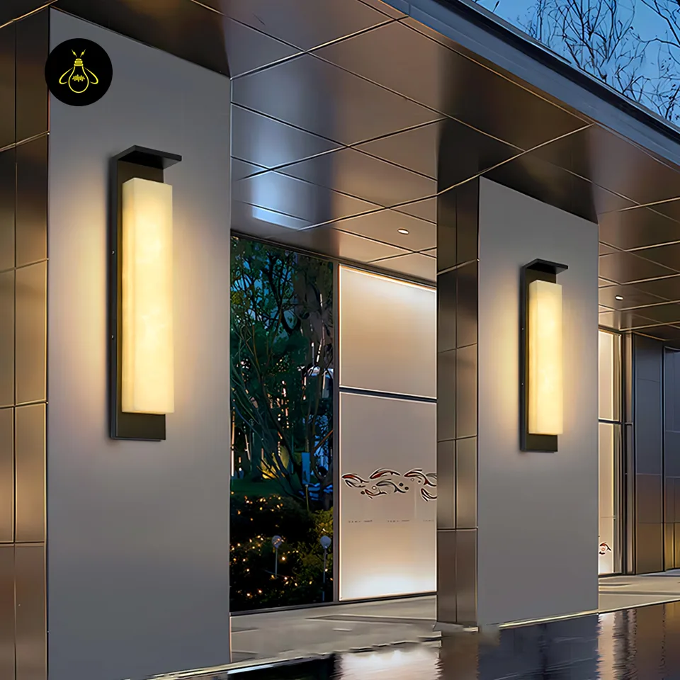 Weatherproof IP65 Outdoor Wall Light – Black Alabaster Sconce, 94 cm 4 Two weatherproof IP65 outdoor wall lights flanking a modern villa entrance at dusk