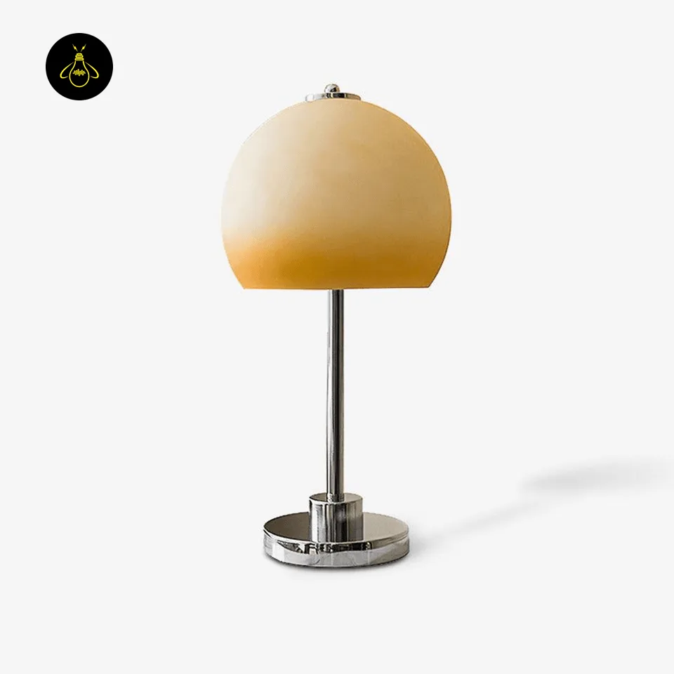 Retro Mushroom Table Lamp – Chrome Base & Amber Glass Dome, 50 cm 2 Retro mushroom glass table lamp with amber beige dome shade on a chrome stem for a desk
