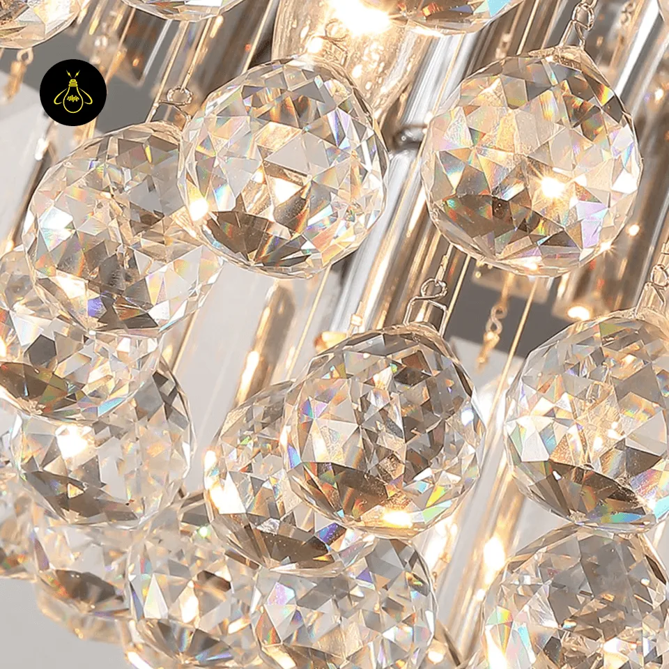 Crystal Ceiling Chandelier – Round Flush-Mount K9, 6 Sizes 17 Macro of warm-lit faceted crystal balls on a crystal ceiling chandelier