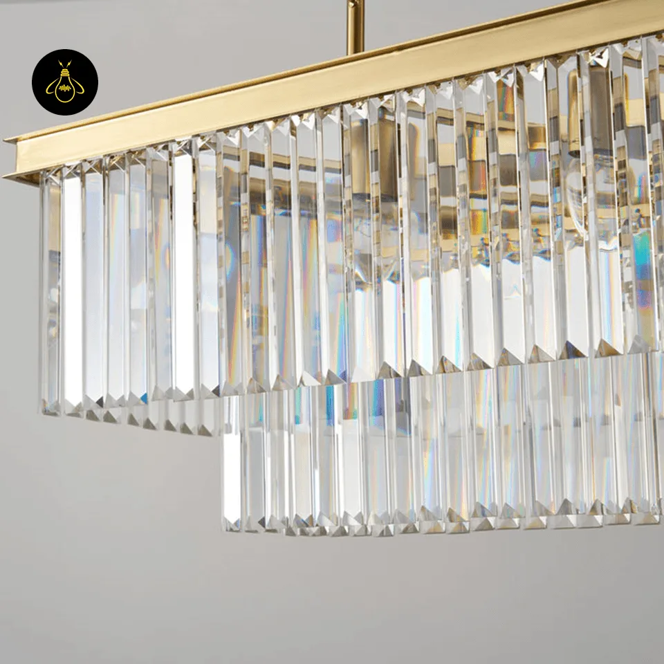 Rectangular Crystal Chandelier – Satin Gold 2-Tier Eternal Shine 17 Detail of clear crystal prisms on the satin gold Eternal Shine chandelier