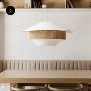Japanese pendant light above a wooden dining table for warm ambient dining light