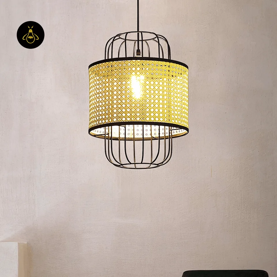 Woven Rattan Pendant Light – Black Cage Lantern, 40 cm 5 Woven rattan cage pendant light illuminating a bedroom with warm light