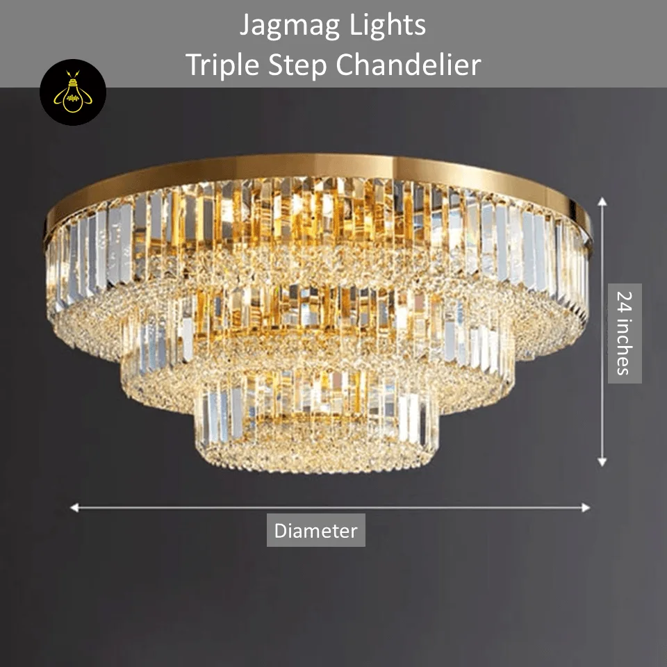 Crystal Ceiling Chandelier – Round Flush-Mount K9, 6 Sizes 18 Triple-step gold crystal ceiling chandelier, 24-inch flush mount with polished frame