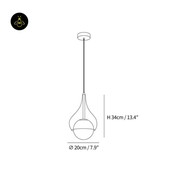 Hanging bedside light dimension drawing: smoked glass teardrop pendant, height 34 cm, diameter 20 cm