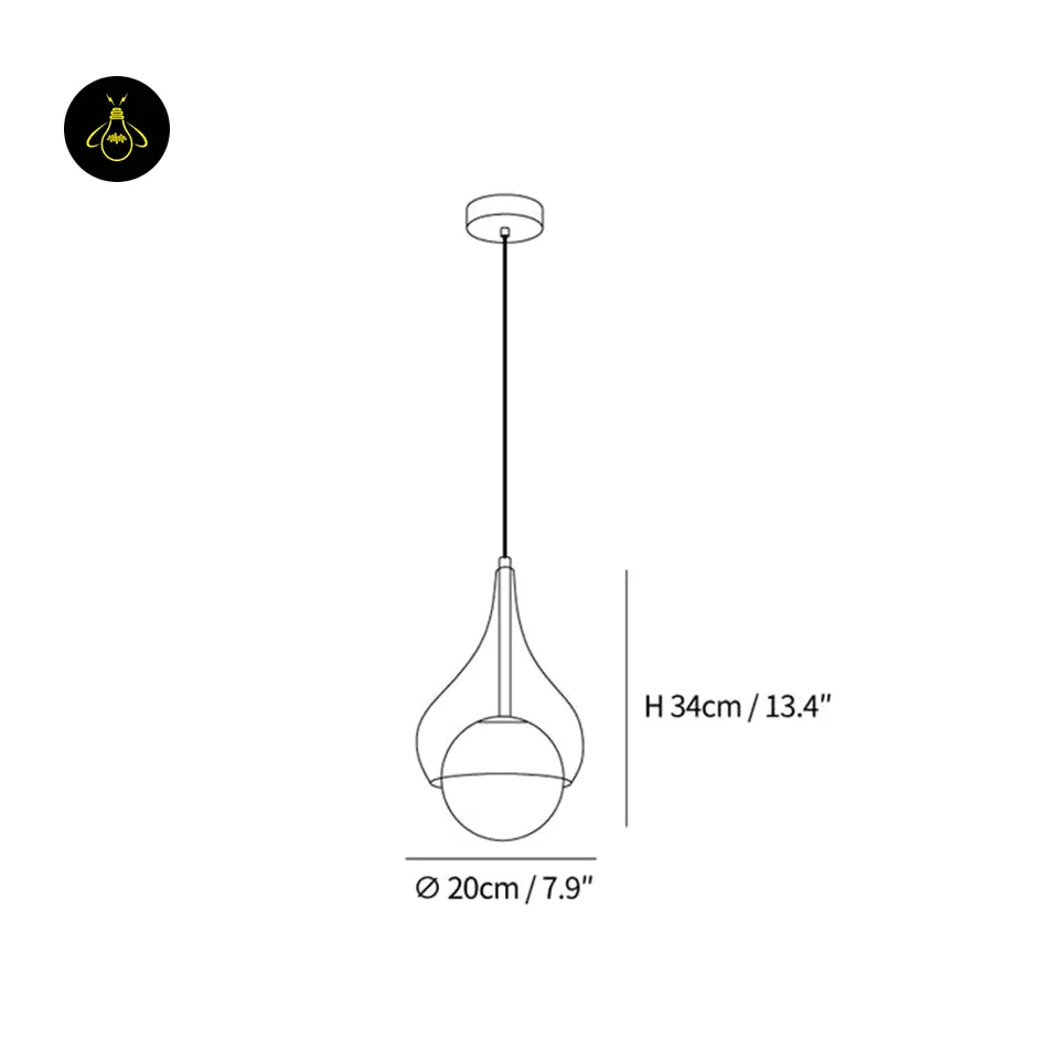 Smoked Glass Teardrop Pendant Light – 20 cm Hanging Bedside Light with Opal Globe 9 Hanging bedside light dimension drawing: smoked glass teardrop pendant, height 34 cm, diameter 20 cm