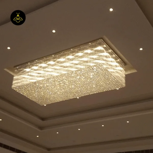 Crystal flush mount chandelier radiating light in a luxury interior project
