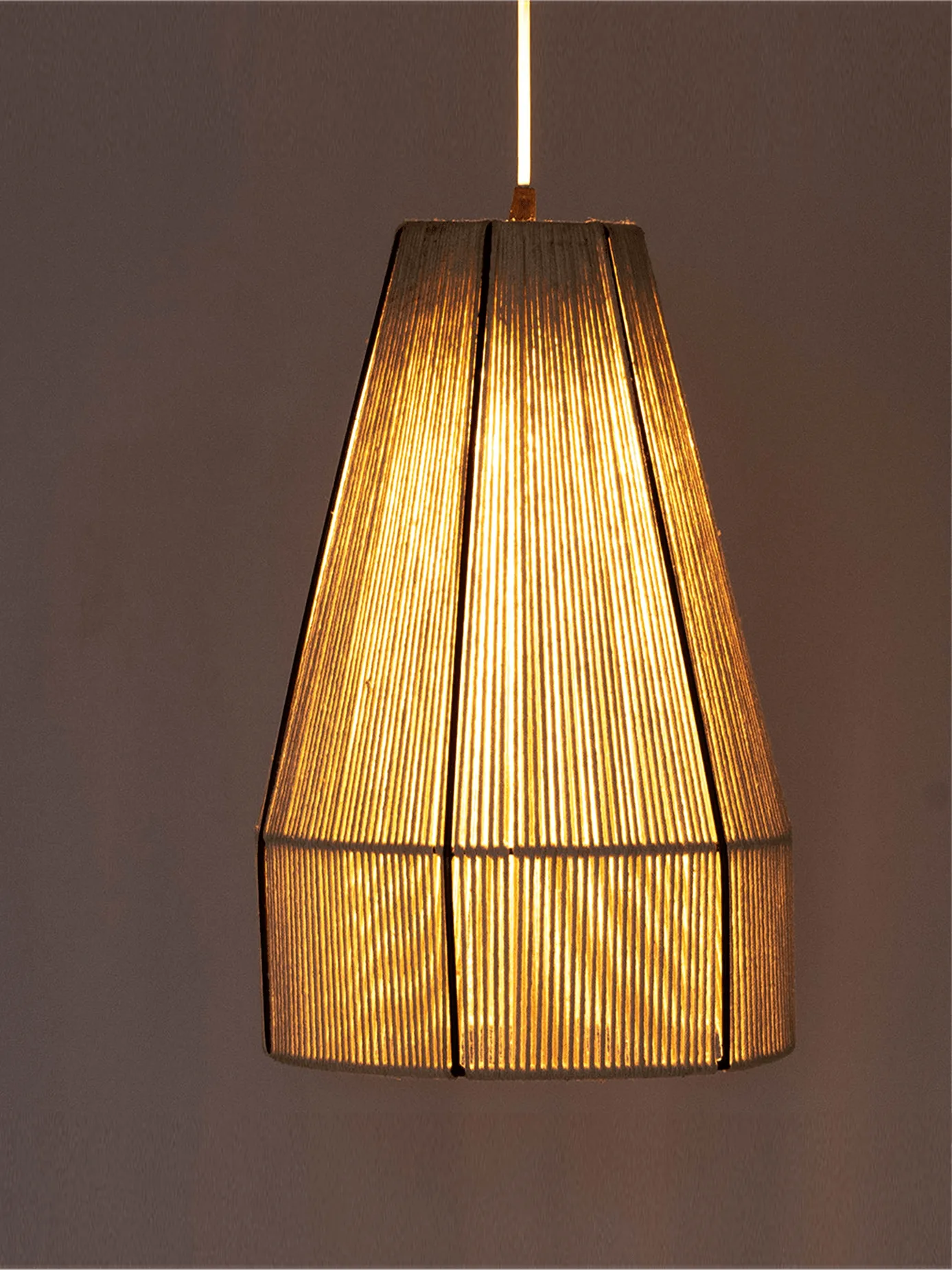 Woven Pendant Light – Handwound Raffia Cone, 16-Inch 2 Raffia woven pendant light close-up showing the natural string shade and warm E27 glow
