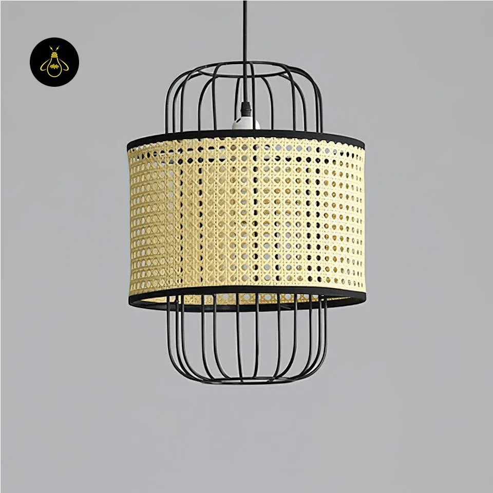 Woven Rattan Pendant Light – Black Cage Lantern, 40 cm 2 Woven rattan pendant light hanging in a living room with a warm ambient glow