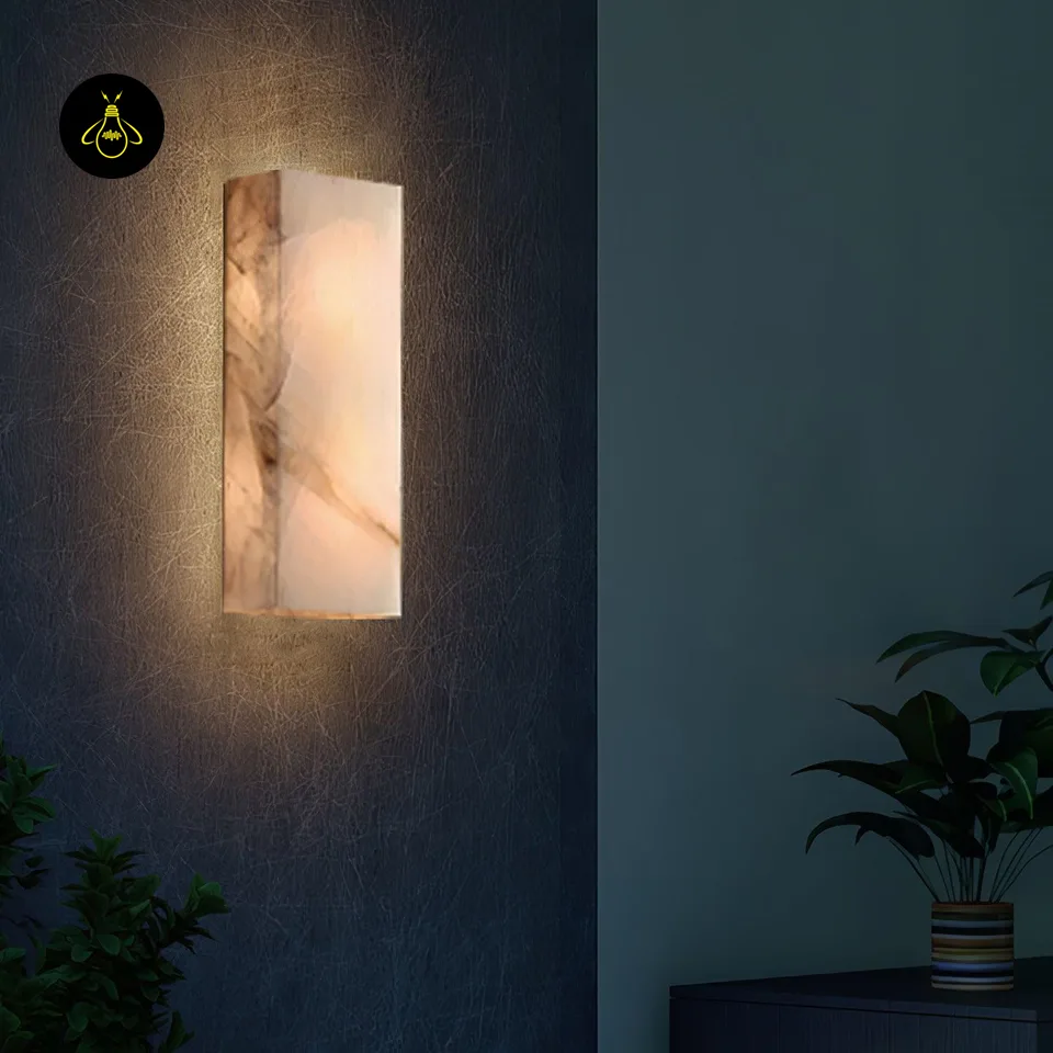 Alabaster Outdoor Wall Light – 65 cm IP65 Stone Sconce 6 Alabaster outdoor wall light casting a warm halo up and down a dark patio wall