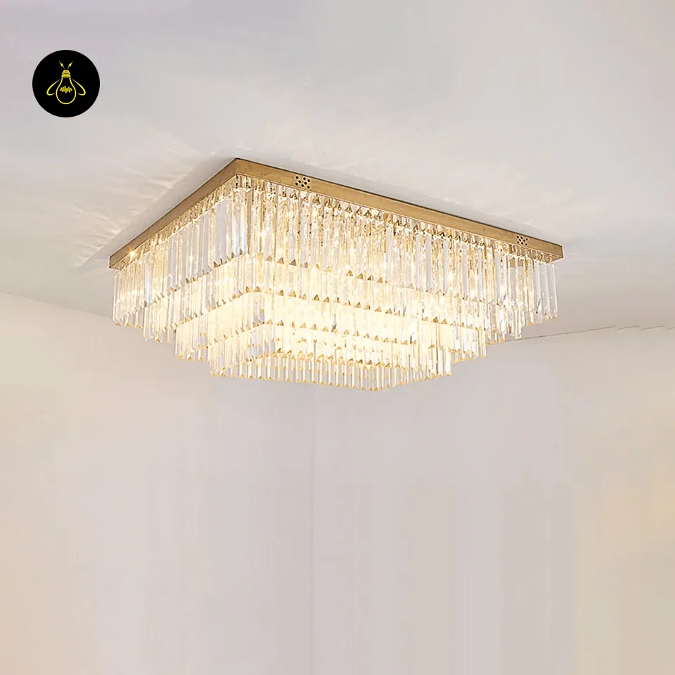 Rectangular Crystal Chandelier – Satin Gold 2-Tier Eternal Shine 19 Rectangular crystal chandelier in satin gold for a long dining table