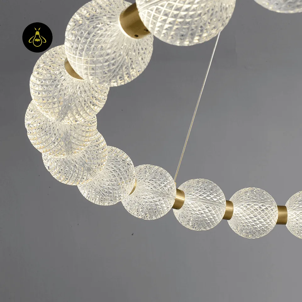 Beaded Ring Chandelier – Frosted Glass Globe LED Ring (62–102 cm) 9 Top view of the round beaded ring chandelier with glass globe beads on a gold frame