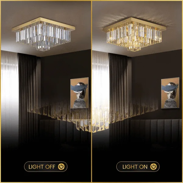 Satin gold and clear crystal finish of the Eternal Shine chandelier