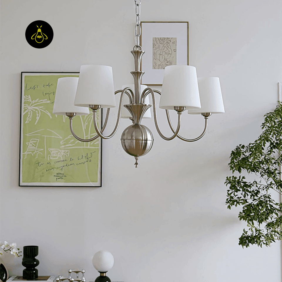 White Fabric Chandelier – 5-Light Shabby Chic Pendant, 60 cm 7 White fabric chandelier glowing warmly in a dining room setting