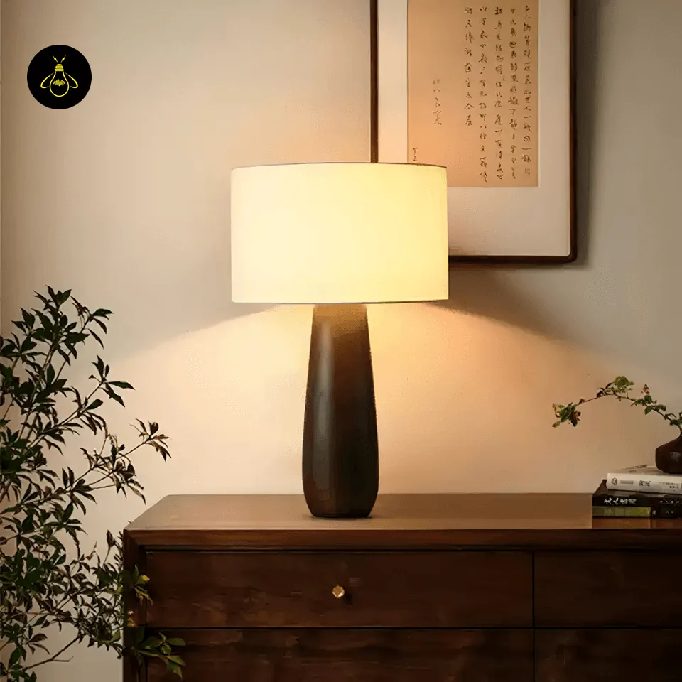 Wooden Table Lamp with Linen Shade – Sierra 50 cm Bedside Lamp 5 Wooden table lamp with linen shade glowing in a cozy living room corner