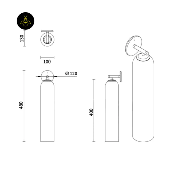 Dimension drawing of the glass wall light: 480 mm total height, 400 mm shade, Ø120 mm backplate, 130 mm projection, 100 mm shade diameter