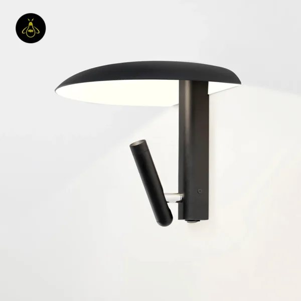Matte black wall light with reading light: white inner reflector in the dome and a slim reading spot on a steel pivot