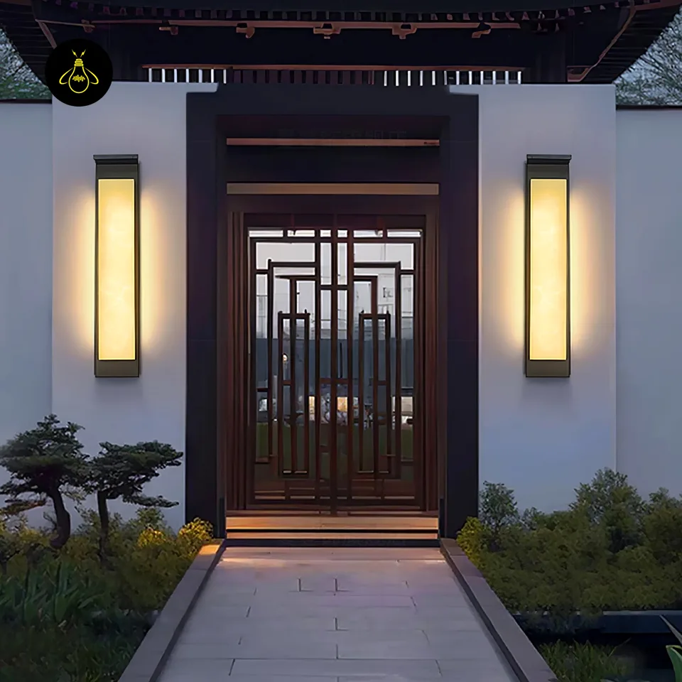 Weatherproof IP65 Outdoor Wall Light – Black Alabaster Sconce, 94 cm 6 Black alabaster outdoor wall light pair beside a contemporary garden entrance