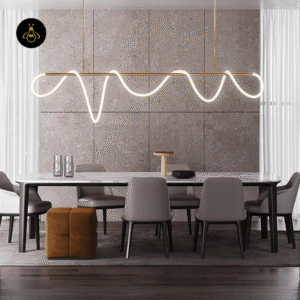 Sleek gold metal bar element of the linear LED chandelier