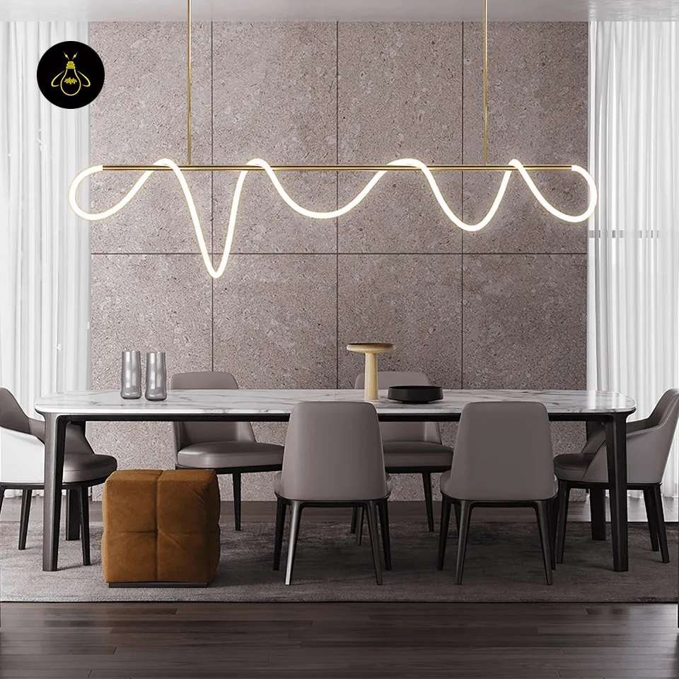 Linear LED Chandelier – 150 cm Gold Silicone Ribbon Light, Adjustable Height 8 Sleek gold metal bar element of the linear LED chandelier