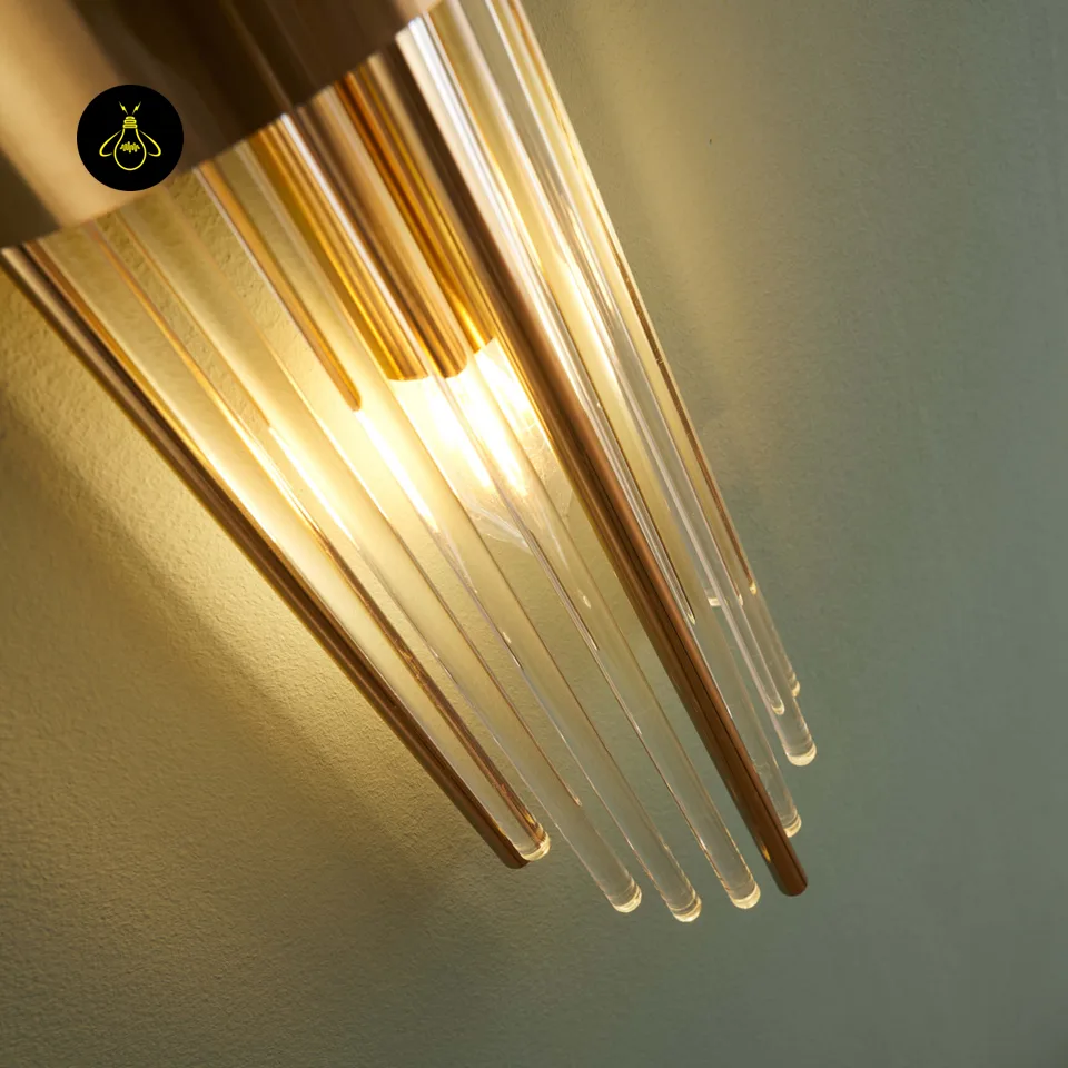 Art Deco Crystal Wall Light – Dania Half-Cylindrical Brass Sconce, 60 cm 12 Close-up of E14 fittings on crystal wall sconce