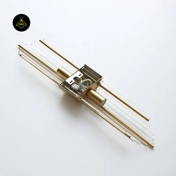 Back of the art deco wall light: mounting plate, two E14 holders and wiring block