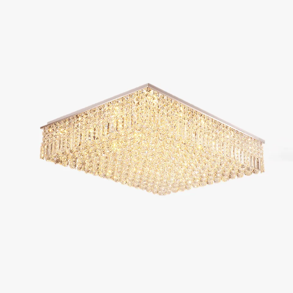 Crystal flush mount chandelier with square raindrop K9 crystal cascade, lit