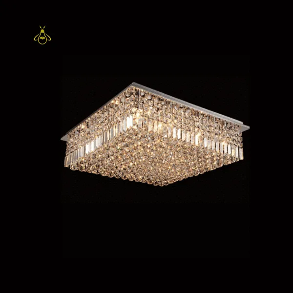 Raindrop crystal flush mount chandelier angled view showing cascading K9 crystals