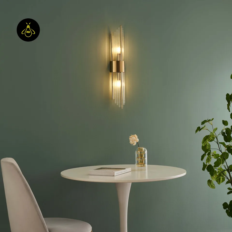 Art Deco Crystal Wall Light – Dania Half-Cylindrical Brass Sconce, 60 cm 3 Art deco crystal wall light lit with a warm glow