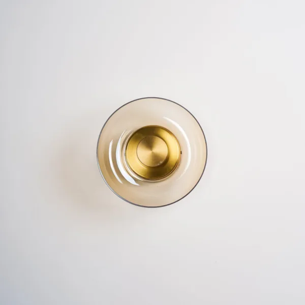Front view of the circular wall light switched off, brass-finish centre disc inside a tinted borosilicate glass dish