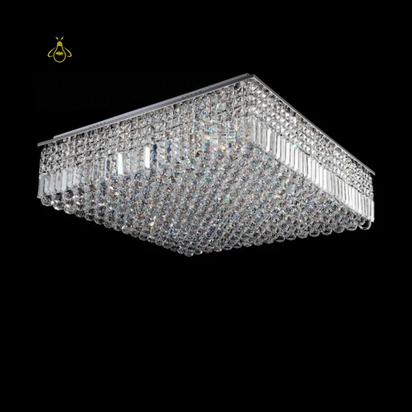 Raindrop crystal flush mount chandelier glowing with warm light