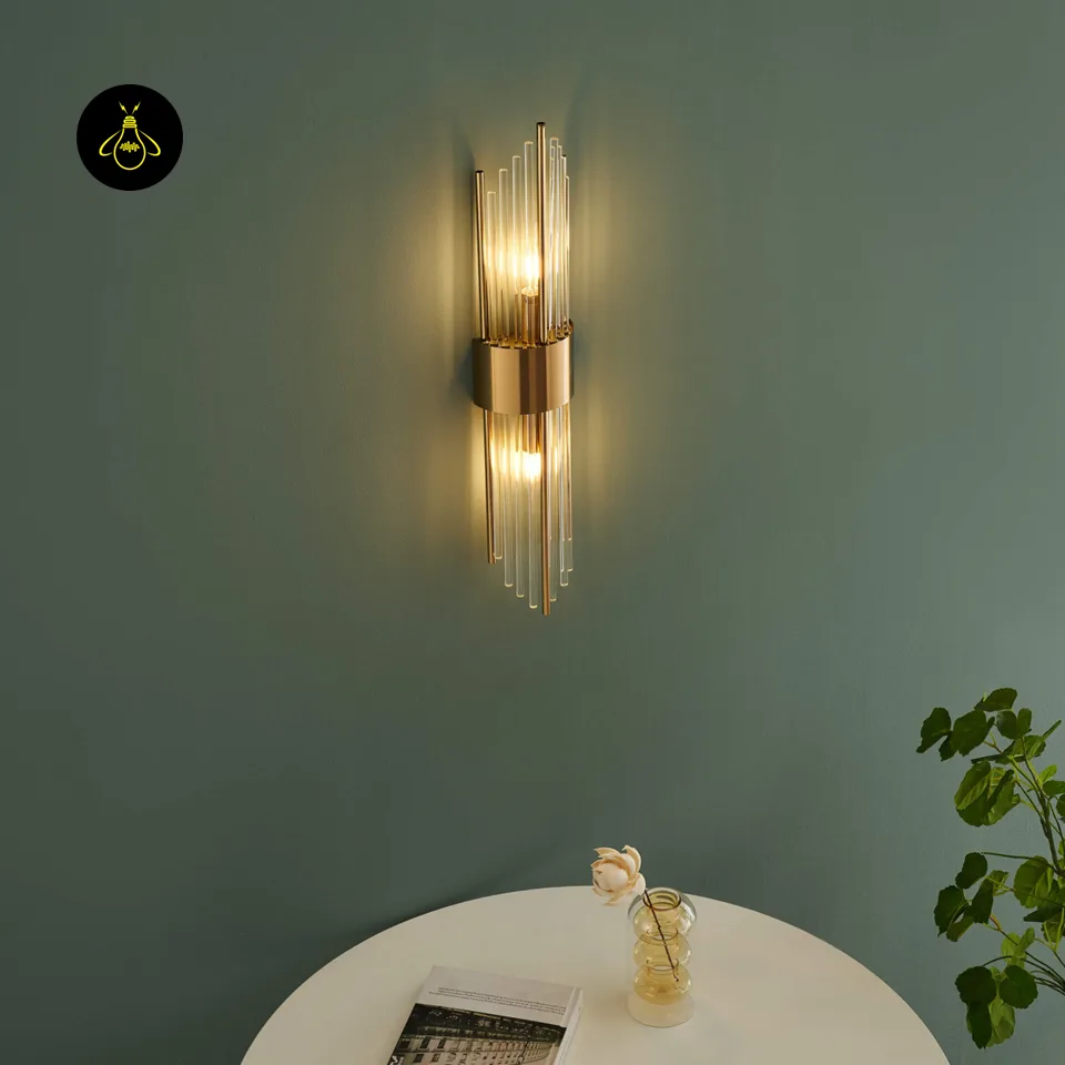 Art Deco Crystal Wall Light – Dania Half-Cylindrical Brass Sconce, 60 cm 4 Half-cylindrical brass-finish crystal wall sconce, angle view