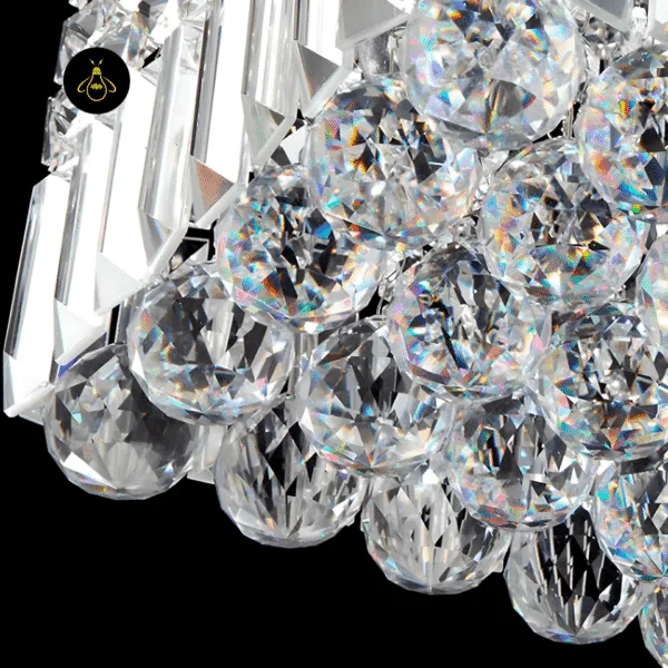 Full view of the stepped crystal flush mount chandelier cascade