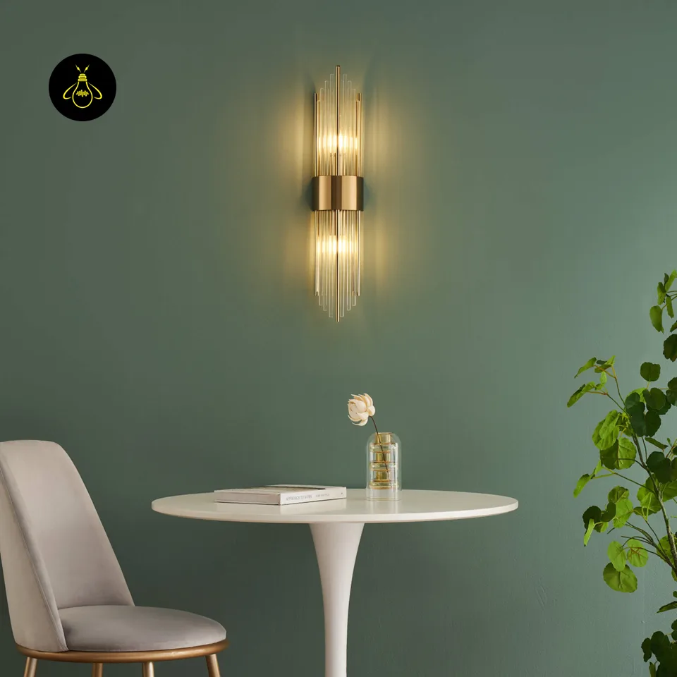 Art Deco Crystal Wall Light – Dania Half-Cylindrical Brass Sconce, 60 cm 8 Dania crystal wall sconce mounted beside a bed