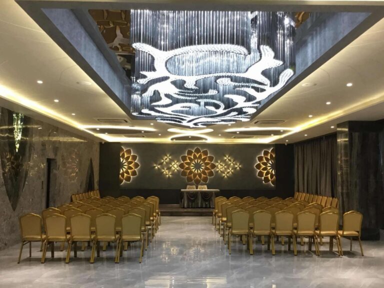 Custom recessed banquet chandelier installed at Topaz Radiance Surat
