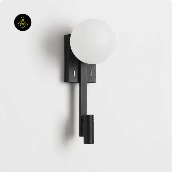 Wall mounted study lamp switched off on a white wall: opal globe, matte black frame and reading spot