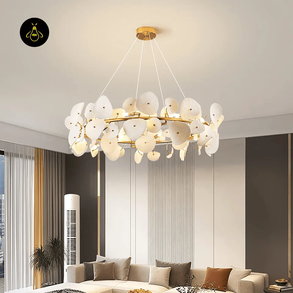 Lotus Chandelier – 80 cm White Ceramic Petal Ring for Living & Dining Rooms 7 Ceramic petal lotus chandelier casting soft ambient light above a sofa