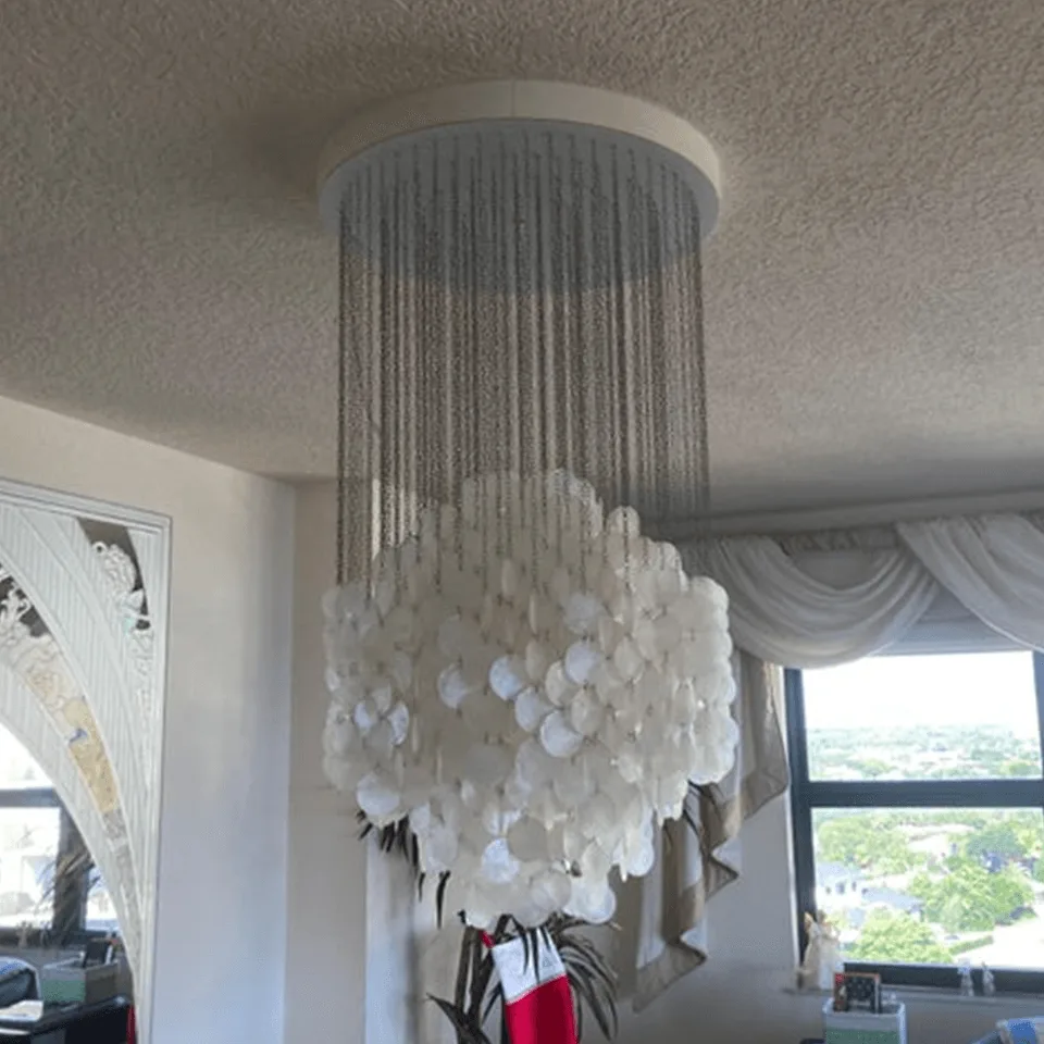 Capiz Shell Chandelier – 80 cm White Cascade of Iridescent Shells 6 Soft warm glow diffused through the capiz shells of the chandelier