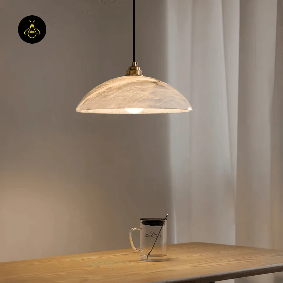 Alabaster Hanging Light – 30 cm Handcrafted Dome Pendant 7 Alabaster dome pendant light above a kitchen counter in warm white