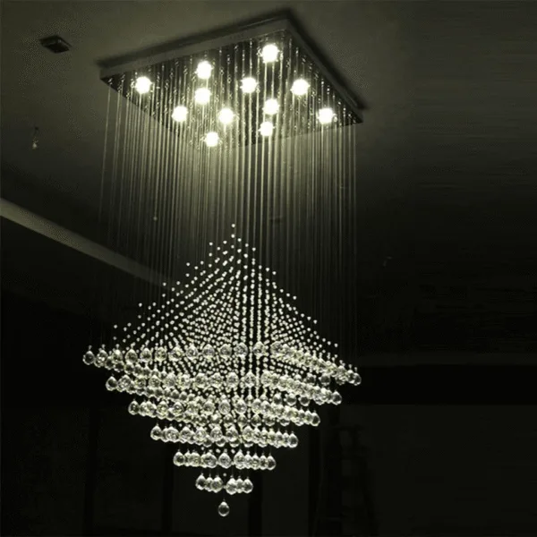 Spiral arrangement of K9 crystal balls on a long crystal staircase chandelier