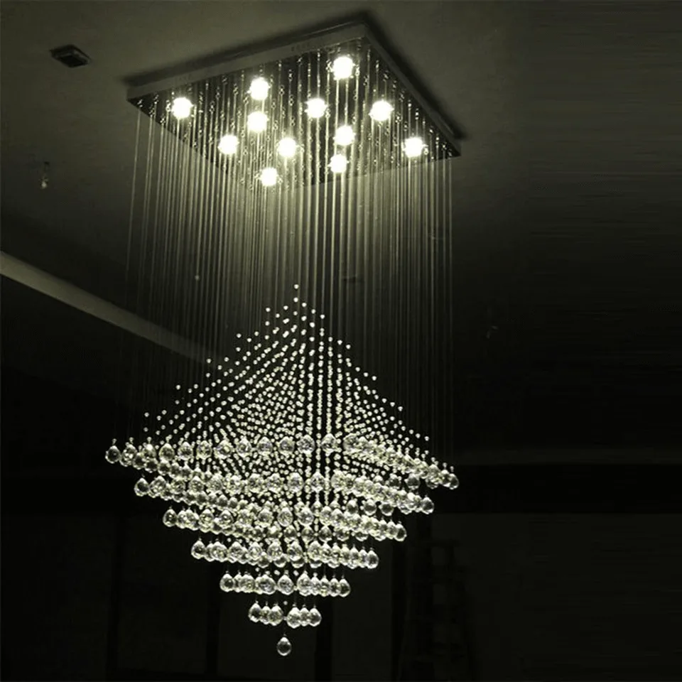 Long Crystal Chandelier – K9 Raindrop Funnel for Staircase & Foyer, 6 Sizes 5 Spiral arrangement of K9 crystal balls on a long crystal staircase chandelier