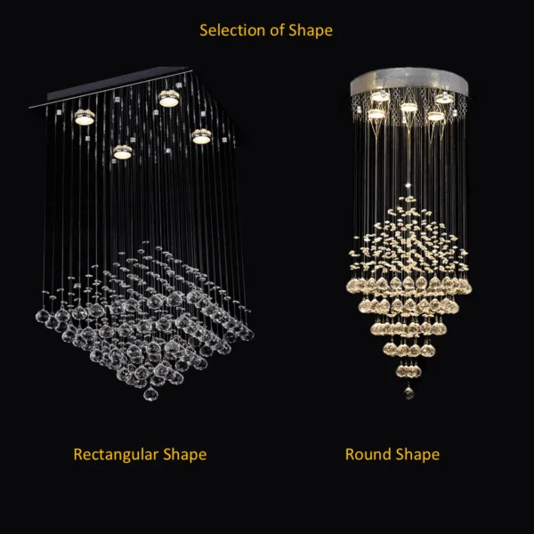 Long crystal chandelier shape options, round and rectangular K9 crystal designs