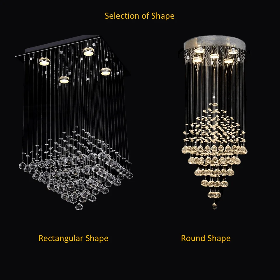 Long Crystal Chandelier – K9 Raindrop Funnel for Staircase & Foyer, 6 Sizes 6 Long crystal chandelier shape options, round and rectangular K9 crystal designs