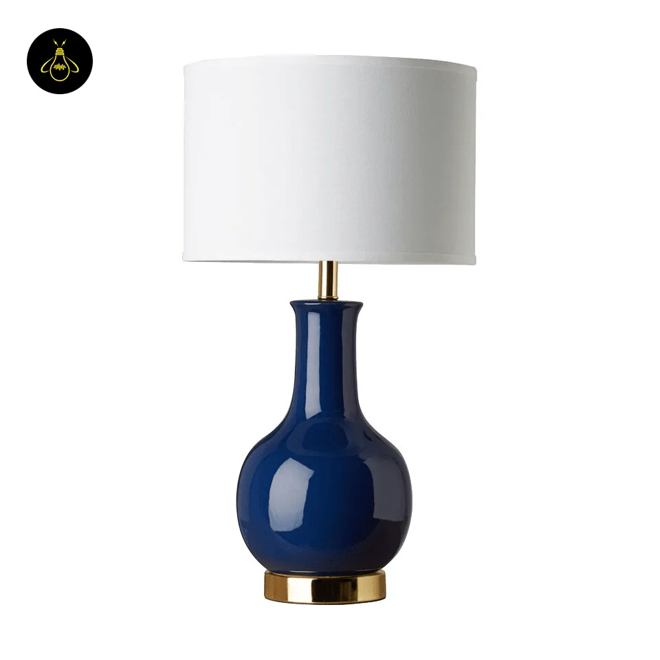 Blue and White Table Lamp – Royal-Blue Glazed Ceramic Gourd Base, 70 cm 8 Blue ceramic table lamp with gold finished metal accents and white drum shade